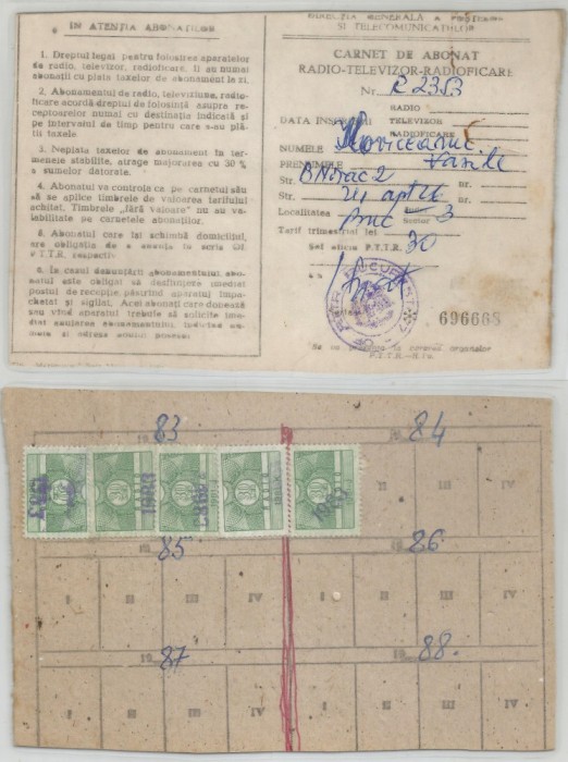 Romania, Carnet de abonat radio-televizor-radioficare, Bucuresti, 1983
