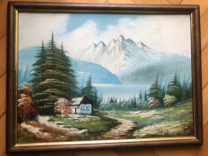 Tablou,pictura elvetiana in ulei pe lemn,caba cu peisaj montan foto