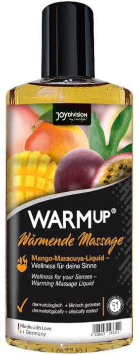 Joydivision WARMup Oil - Ulei de Masaj cu Efect de &Icirc;ncălzire și Aromă de Mango + Maracuya, 150 ml