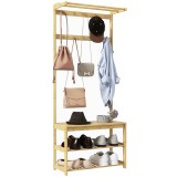 HOMCOM Suport de Haine cu 10 C&acirc;rlige, 2 Bare și Bancă pentru Pantofi, Suport de Haine de Podea, 70x31x170 cm, Maro | Aosom Romania