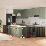 vidaXL Poartă c&acirc;ini pliabilă cu ușă 9 panouri negru, 450 cm, lemn plop