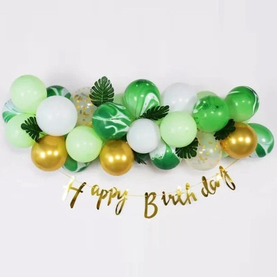 Baloane decorative din Latex si Banner Happy Birthday, Cyrax, Model Aniversare, Set 37 de Piese, Verde, Auriu, Alb foto