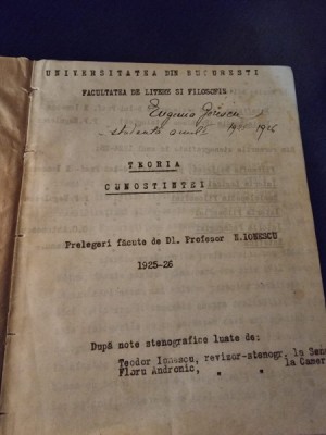 Teoria cunostintei - N. Ionescu 1925-1926 foto