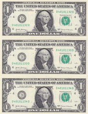 BANCNOTA SUA - ONE 1 DOLLAR 2017 un dolar, 3 Bancnote, Serii Consecutive foto