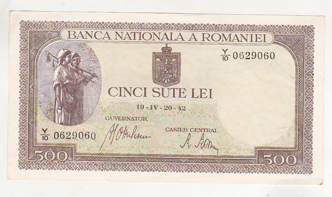 bnk bn Romania 500 lei 19-IV--20-42 1942 xf, filigran BNR vertical