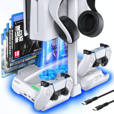 Stand racire vertical pentru PlayStation PS5 C Chassis, Statie cu 2 porturi incarcare controllere, suport casti, cooler si 12 spatii depozitare CD-uri foto