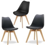 Set 3 Scaune Mercaton Grosseto, Stil Scandinav cu Picioare din Lemn, Sezut din PP si Perna din Piele Ecologica, Maxim 120 Kg, 49