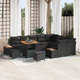 Set canapele gradina Gossi 12 piese cu pernute negru ratan poli acacia, canapea gradina Gossi 2 locuri cu spatiu depozitare si pernute negru ratan pol