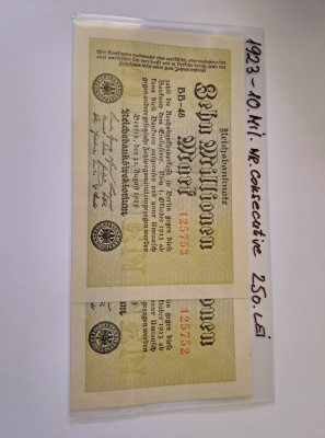 2 Bancnote de colectie 10 mil. anul 1923, numere consecutive foto