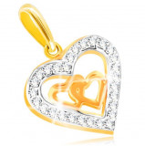 Pandantiv din aur 585 &icirc;n două culori - două inimi mici &icirc;n contur inimă, zirconi