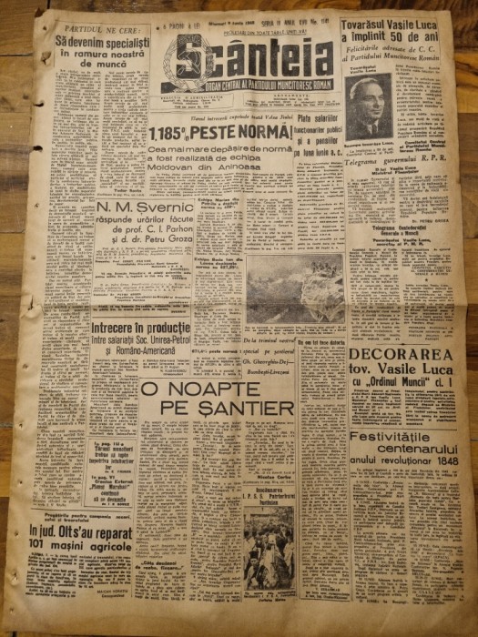 scanteia 9 iunie 1948-spitalul coltea,vasile luca 50 de ani,g.dej la motociclism