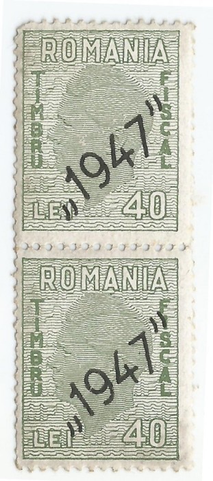 *Romania, lot 687 cu 2 timbre fiscale generale, 1947, pereche, MNH