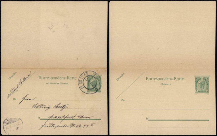 Austria 1907 Old postcard Postal stationery + Reply Eger to Frankfurt DB.013