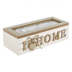 Cutie Depozitare Lemn, Model I Love Home, 3 Compartimente, Fereastră Sticlă, Dimensiuni 24x10x7cm