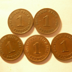 5 monede 1 pfennig Germania Imperiu 1896 ,1906, 1911,1912 ,1913 , cupru ,cal.FB