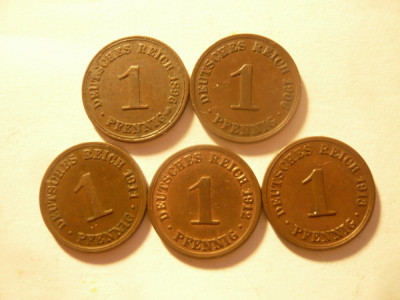 5 monede 1 pfennig Germania Imperiu 1896 ,1906, 1911,1912 ,1913 , cupru ,cal.FB foto