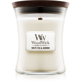 Woodwick White Tea &amp; Jasmine lum&acirc;nare parfumată cu fitil din lemn 275 g