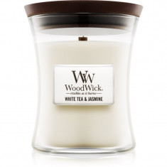 Woodwick White Tea & Jasmine lumânare parfumată cu fitil din lemn 275 g