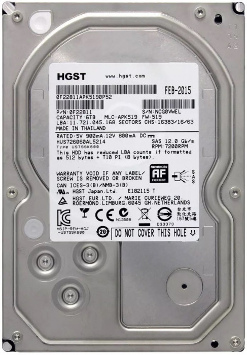 Hard disk server 6TB SAS 12Gbps 7.2k 3.5&quot; 128MB Cache HGST Ultrastar HUS726060AL5214