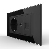 Priza dubla Livolo Schuko + TV/Internet cu rama din sticla, negru
