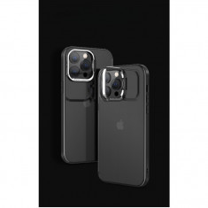 Husa de protectie pentru iPhone 14, cu suport metalic pentru camera, Bracket Series, Flippy, Protectie Antisoc, PC mat, silicon moale pe margini, Negr