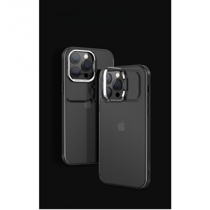 Husa de protectie pentru iPhone 14, cu suport metalic pentru camera, Bracket Series, Flippy, Protectie Antisoc, PC mat, silicon moale pe margini, Negr