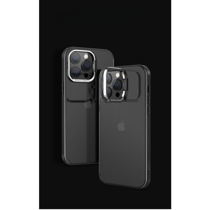 Husa de protectie pentru iphone 14, cu suport metalic pentru camera, bracket series, flippy, protectie antisoc, pc mat, silicon moale pe margini, negr