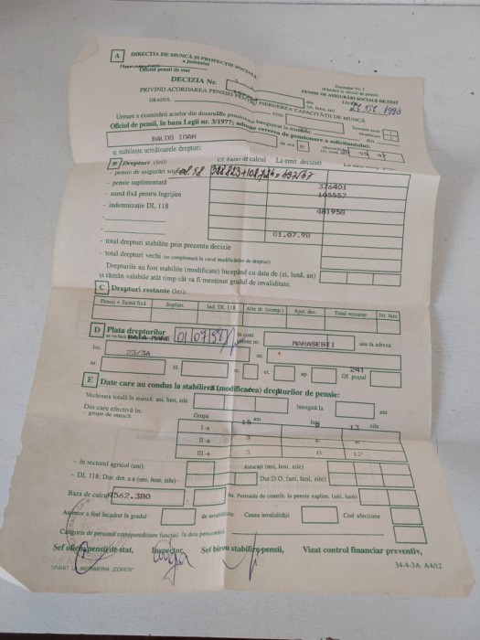 Decizia privind acordarea pensiei pentru pierderea capacitatii de munca 1998