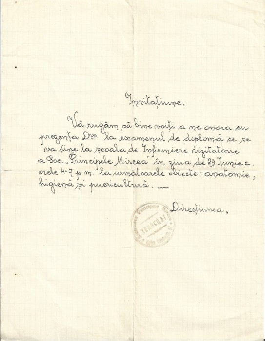 A4051N Școala de Infirmiere vizitatoare a Societății Principele Mircea de la Spitalul Xenocrat din București, lot de 2 acte, perioada interbelică