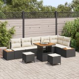 Set canapea grădină vidaXL 9 piese cu perne, ratan polimer negru, acacia, Canapea grădină vidaXL 2 persoane cu spațiu stocare și perne, ratan polimer