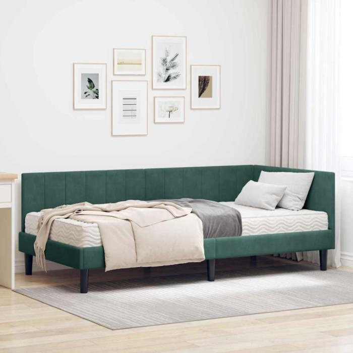 vidaXL Cadru de pat colțar cu saltea Verde &icirc;nchis 100 x 200 cm Catifea 3393910