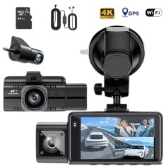 Camera Auto de Bord DVR QOVU &reg; F6, Tripla 4K Fata 1080P Interior 1080P Interior Spate, Card 64GB &amp; Modul Protectie 24H incluse, Senzor coliziune, Vede