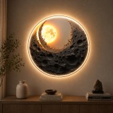 Tablou Decorativ cu iluminare LED Eclipsa de Aur,Diametru 80 cm,24W,Lumina Neutra,Aliaj de Aluminiu si MDF