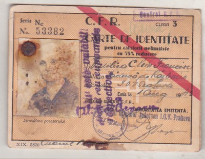 bnk div CFR carte de identitate ptr calatorii nelimitate 75% redus cls III 1942 foto