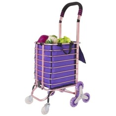 Carucior pentru cumparaturi cu sac, pliabil, cu roti pentru urcarea scarilor, din metal si plastic, rezistent la apa, rugina si uzura, argintiu/mov