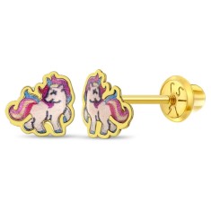 Cercei din Aur 14k Unicorn in Galop si Email Colorat &ndash; Inchidere Sigura cu Surub
