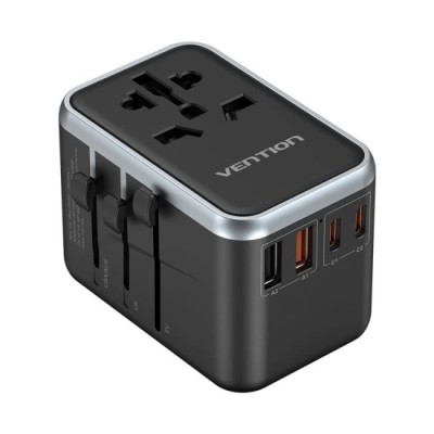 Adaptor Universal Priza EU, UK, AUS, US, 2x USB-C, 2x USB, GaN, 65W, Fast Charging - Vention (FJFB0) - Black foto