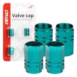 Set 4 capacele auto pentru ventil, din aluminiu, model Hexagon, culoare Verde, Amio