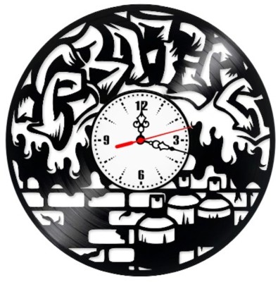 Ceas de perete decorativ Graffiti Street Art, realizat din disc de vinil upcycled, model Spray-uri si Zid de Caramida, negru, 30 cm foto