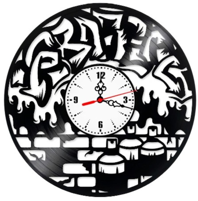 Ceas de perete decorativ Graffiti Street Art, realizat din disc de vinil upcycled, model Spray-uri si Zid de Caramida, negru, 30 cm