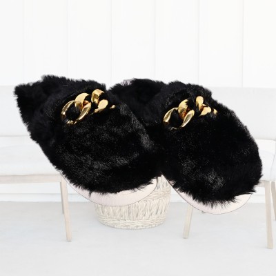 Papuci de Casa Femei - PufosI cu Catarama Aurie, Marime 38-39, Negru foto