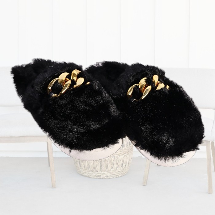 Papuci de Casa Femei - PufosI cu Catarama Aurie, Marime 38-39, Negru
