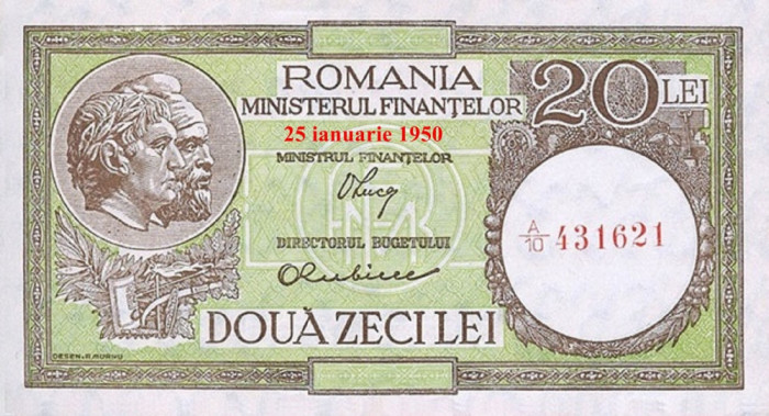 REPRODUCERE bancnota 20 lei 25 ianuarie 1950 Romania