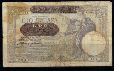 Serbia 1941 - 100 dinara, ocup. germana, uzata foto