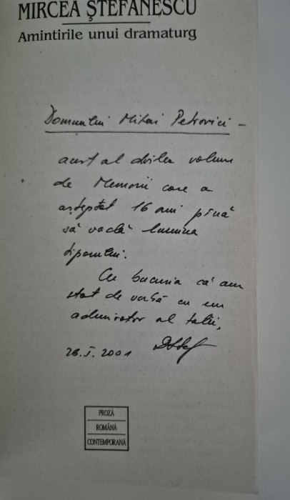 Carte cu autograf Mircea Stefanescu Amintirile unui dramaturg