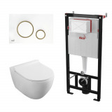 Cumpara ieftin Set complet vas WC suspendat Fluminia Minerva Alb cu rezervor Alca si clapeta alb si auriu