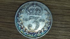 R08 Anglia Marea Britanie - moneda argint 925 - 3 pence threepence 1899 - Victoria - superba patina curcubeu !
