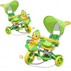 Tricicleta copii 2 in 1, functie balansoar, protectie soare, efecte sonore, Rata verde foto