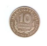 Moneda Guinea 10 francs/franci 1959, stare buna, curata, Africa, Bronz-Aluminiu