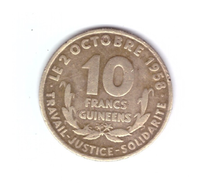 Moneda Guinea 10 francs/franci 1959, stare buna, curata